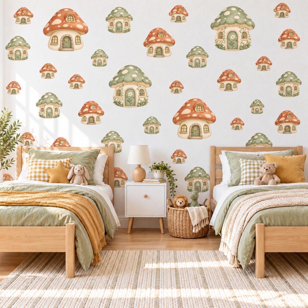 Mushroom Wall Stickers, Mushroom House Nursery Decor, Woodland Toadstool Wall Decals, Orange Sage Kids Room Peel and Stick Wall Art