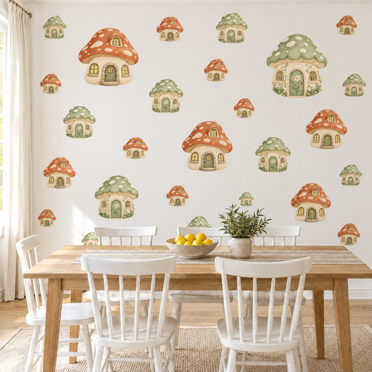 Mushroom Wall Stickers, Mushroom House Nursery Decor, Woodland Toadstool Wall Decals, Orange Sage Kids Room Peel and Stick Wall Art