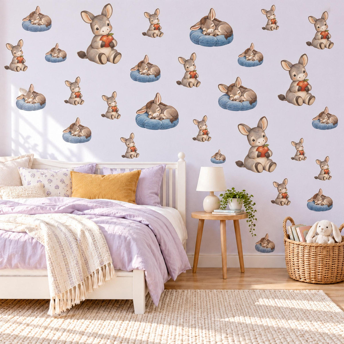 Donkey Wall Stickers, Baby Donkey Nursery Decor, Farm Animal Wall Decals, Grey Blue Apple Kids Room Peel and Stick Wall Art