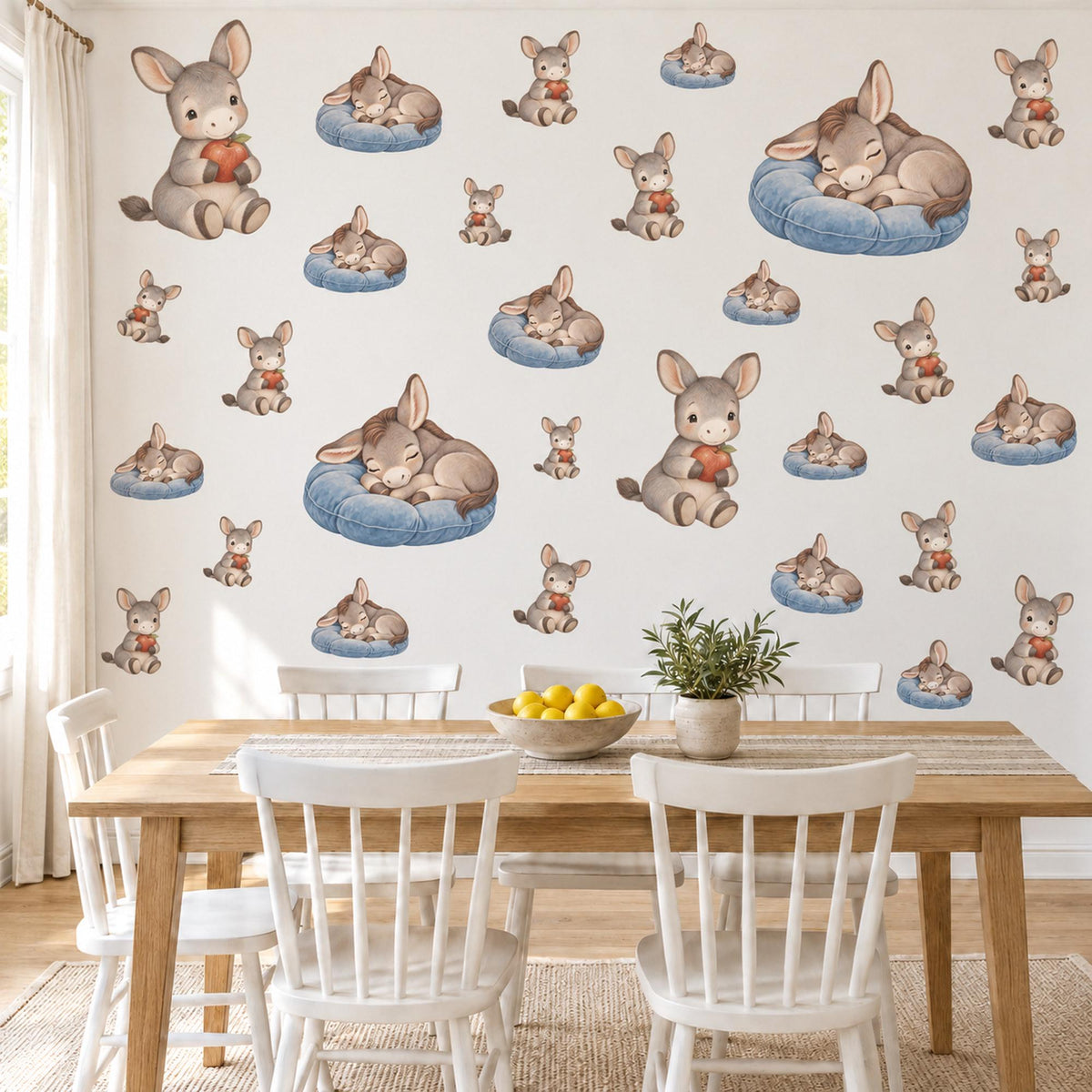 Donkey Wall Stickers, Baby Donkey Nursery Decor, Farm Animal Wall Decals, Grey Blue Apple Kids Room Peel and Stick Wall Art