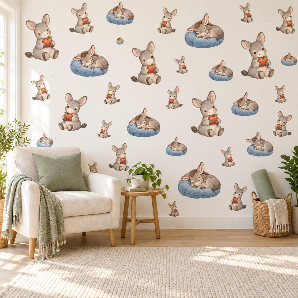 Donkey Wall Stickers, Baby Donkey Nursery Decor, Farm Animal Wall Decals, Grey Blue Apple Kids Room Peel and Stick Wall Art