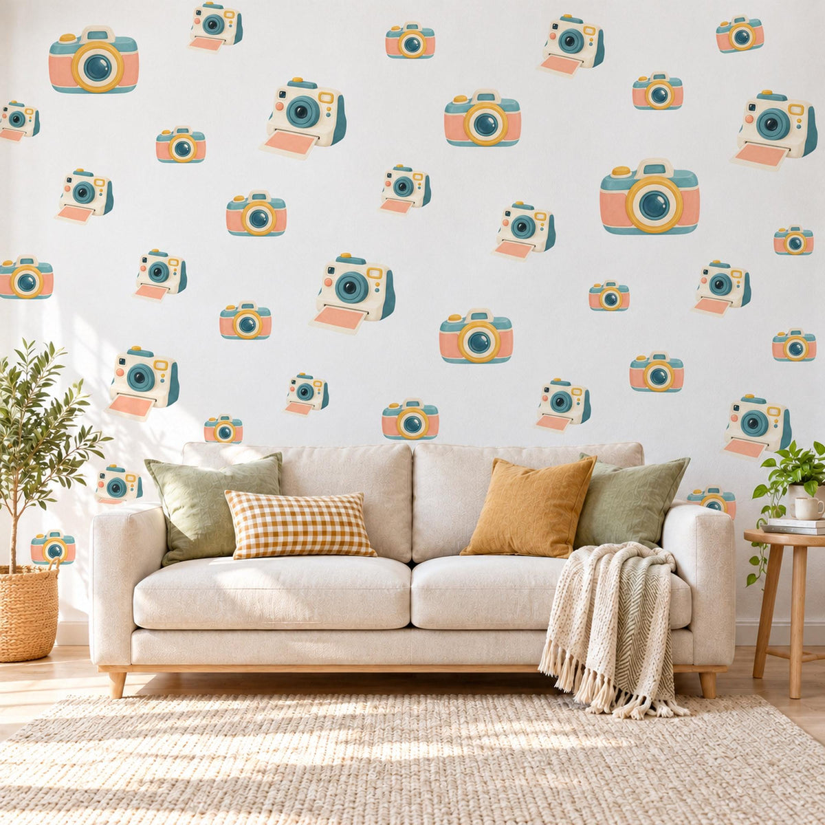 Camera Wall Stickers, Retro Toy Camera Nursery Decor, Photography Wall Decals, Peach Teal Mustard Kids Room Peel and Stick Wall Art