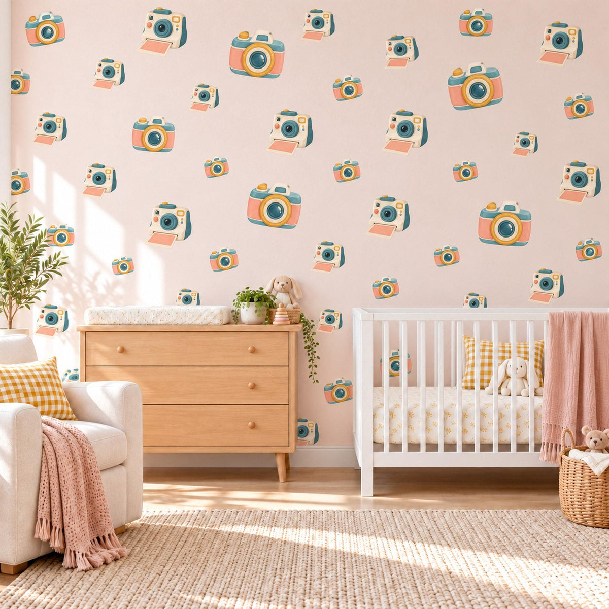 Camera Wall Stickers, Retro Toy Camera Nursery Decor, Photography Wall Decals, Peach Teal Mustard Kids Room Peel and Stick Wall Art