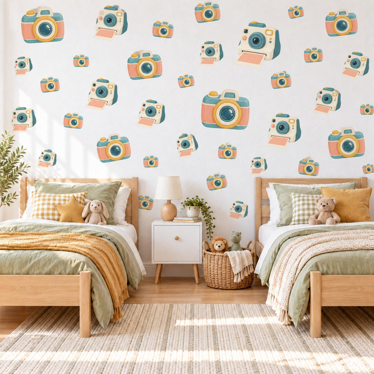 Camera Wall Stickers, Retro Toy Camera Nursery Decor, Photography Wall Decals, Peach Teal Mustard Kids Room Peel and Stick Wall Art