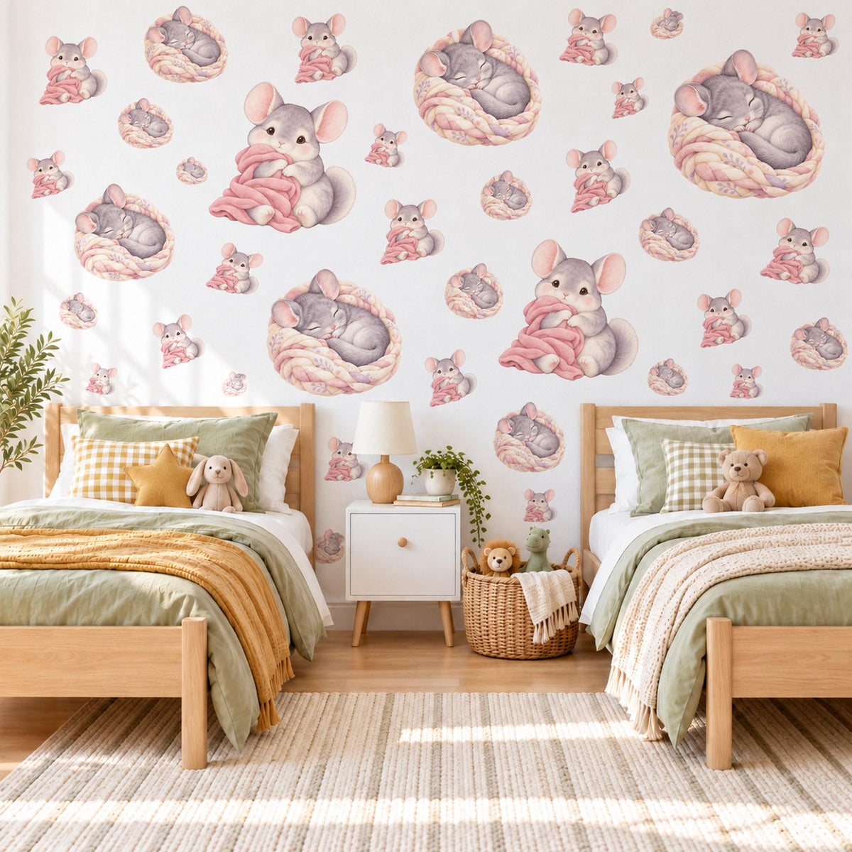 Chinchilla Wall Stickers, Baby Animal Nursery Decor, Sleepy Chinchilla Wall Decals, Grey Blush Pink Kids Room Peel and Stick Wall Art