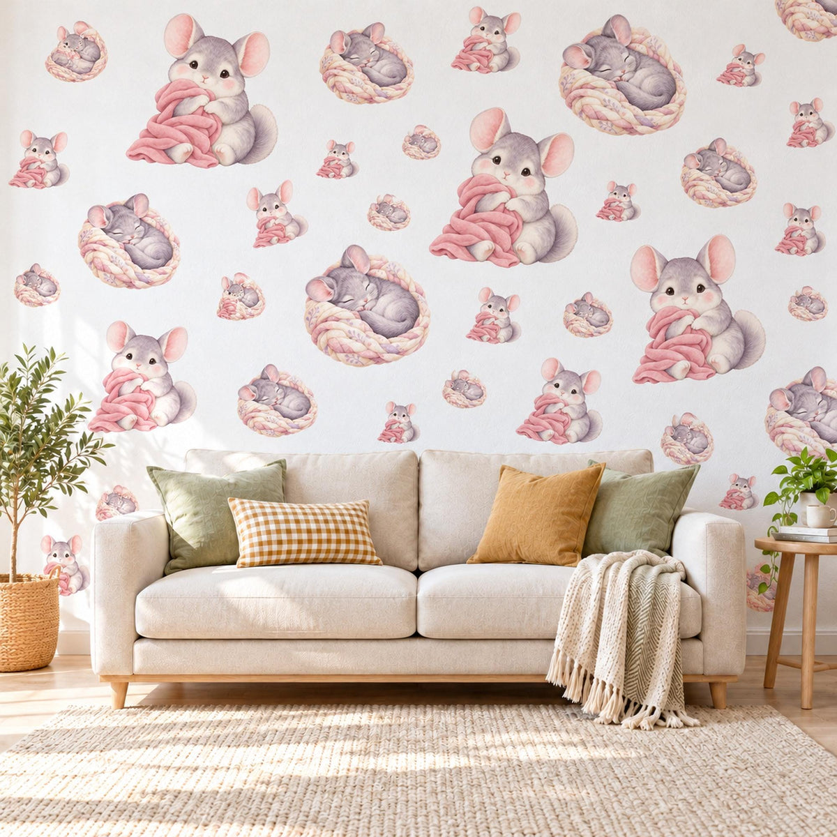 Chinchilla Wall Stickers, Baby Animal Nursery Decor, Sleepy Chinchilla Wall Decals, Grey Blush Pink Kids Room Peel and Stick Wall Art