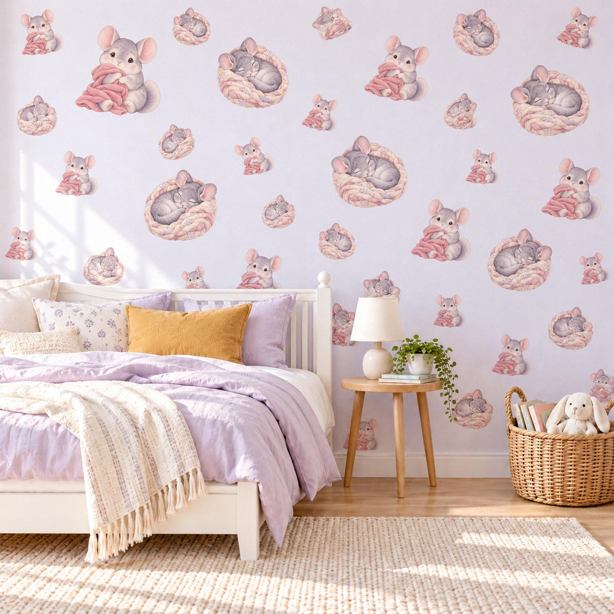 Chinchilla Wall Stickers, Baby Animal Nursery Decor, Sleepy Chinchilla Wall Decals, Grey Blush Pink Kids Room Peel and Stick Wall Art