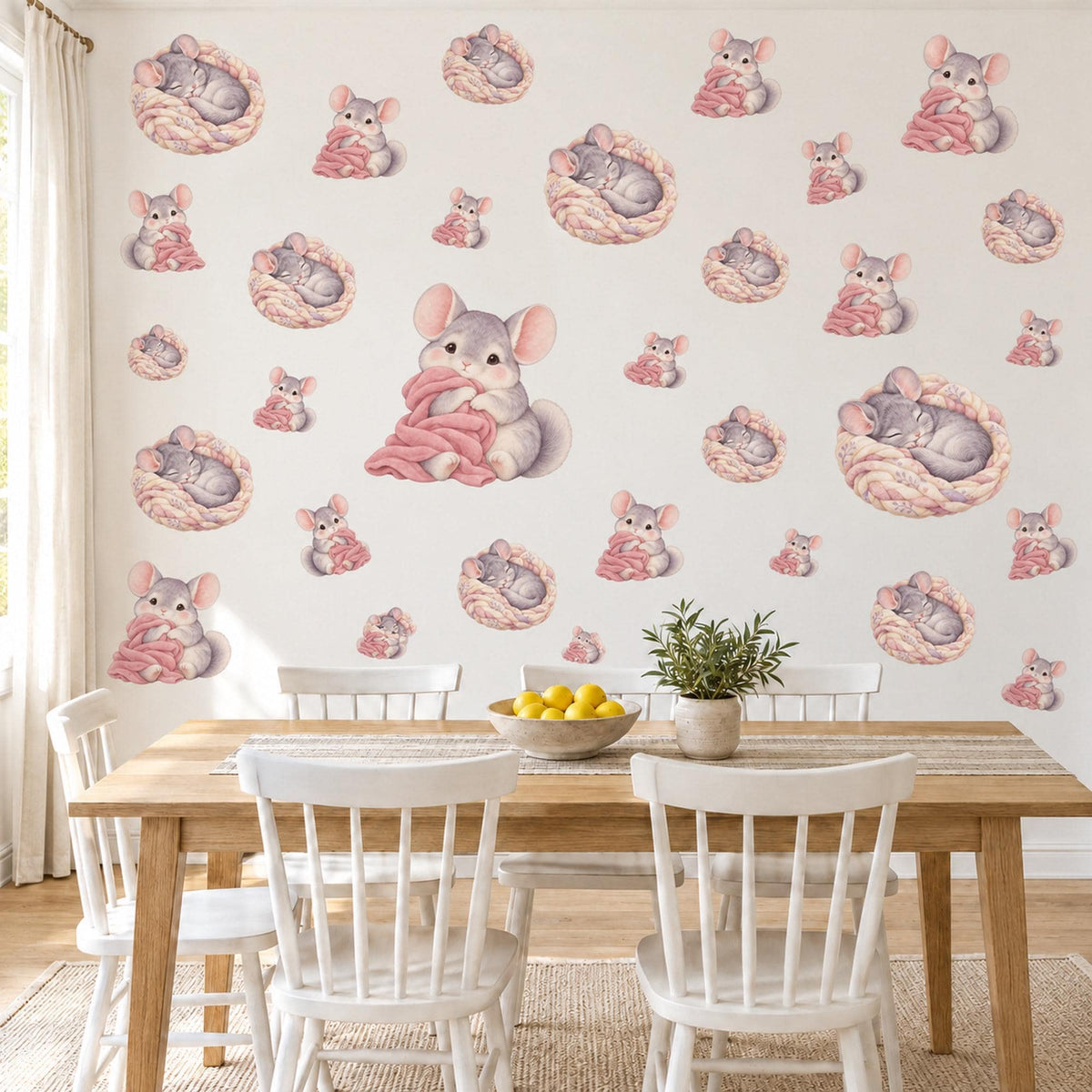 Chinchilla Wall Stickers, Baby Animal Nursery Decor, Sleepy Chinchilla Wall Decals, Grey Blush Pink Kids Room Peel and Stick Wall Art