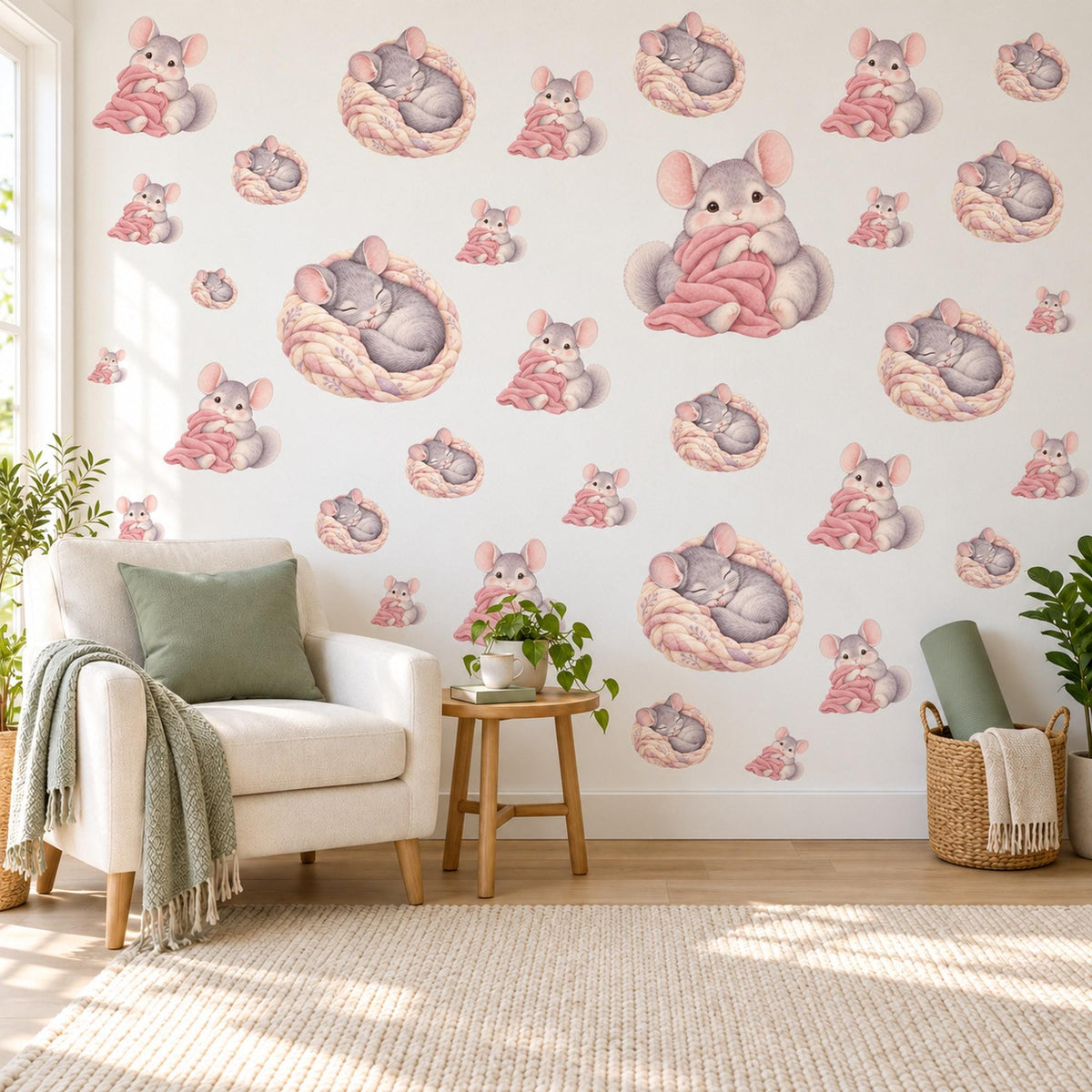 Chinchilla Wall Stickers, Baby Animal Nursery Decor, Sleepy Chinchilla Wall Decals, Grey Blush Pink Kids Room Peel and Stick Wall Art