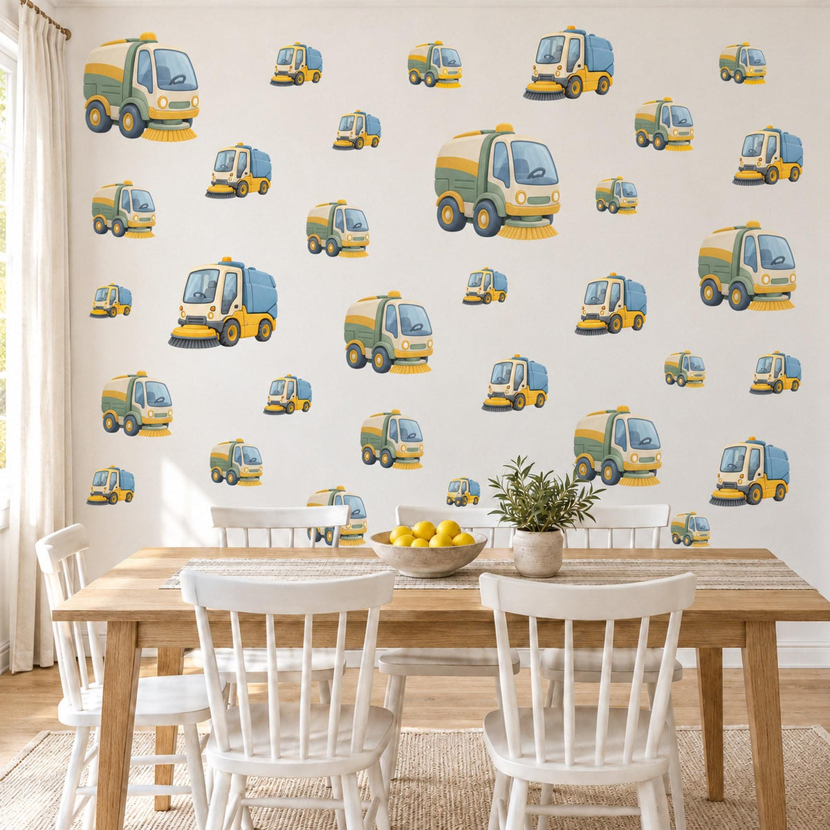 Street Sweeper Wall Stickers, Truck Nursery Decor, Toy Vehicle Wall Decals, Yellow Blue Boys Room Transport Peel and Stick Wall Art