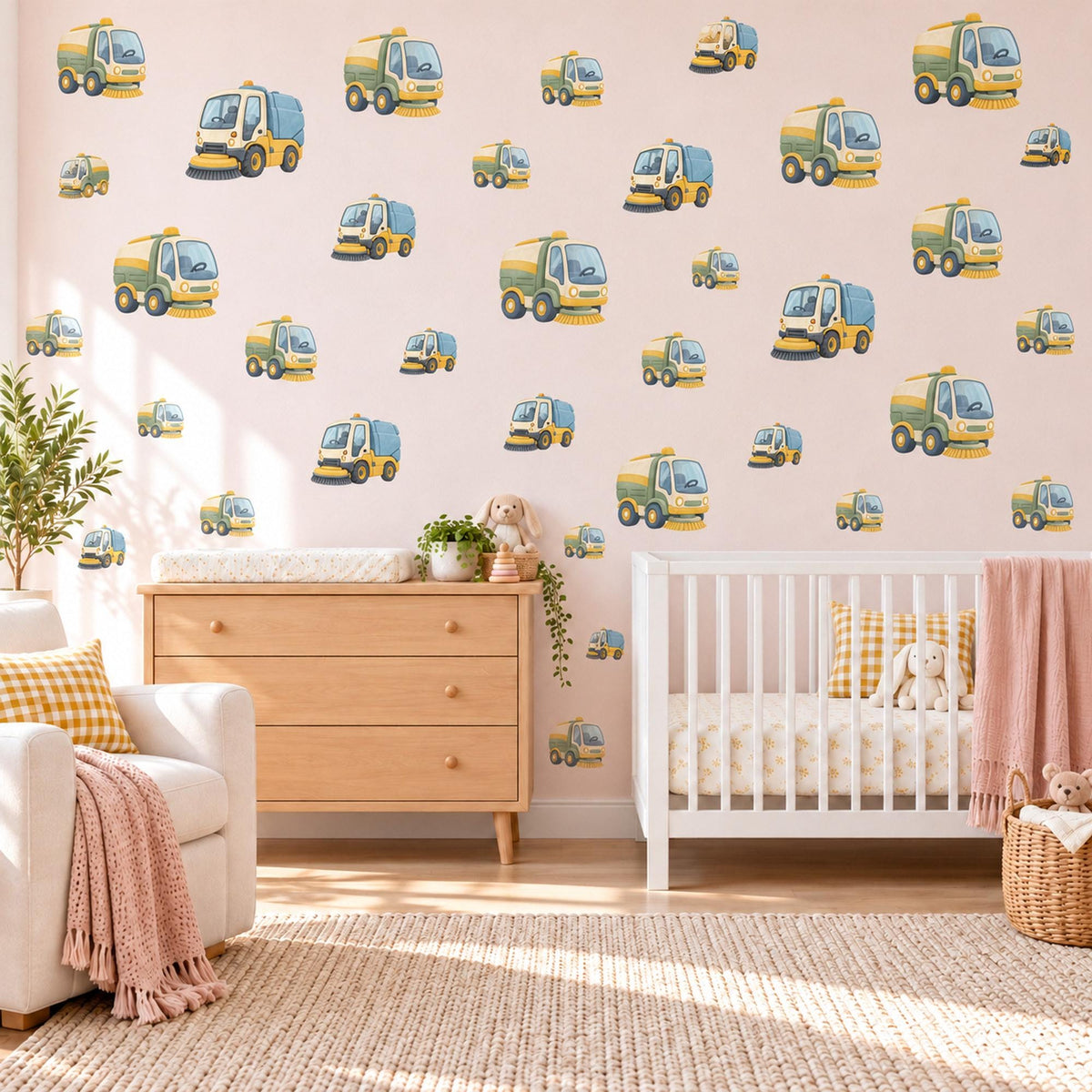 Street Sweeper Wall Stickers, Truck Nursery Decor, Toy Vehicle Wall Decals, Yellow Blue Boys Room Transport Peel and Stick Wall Art