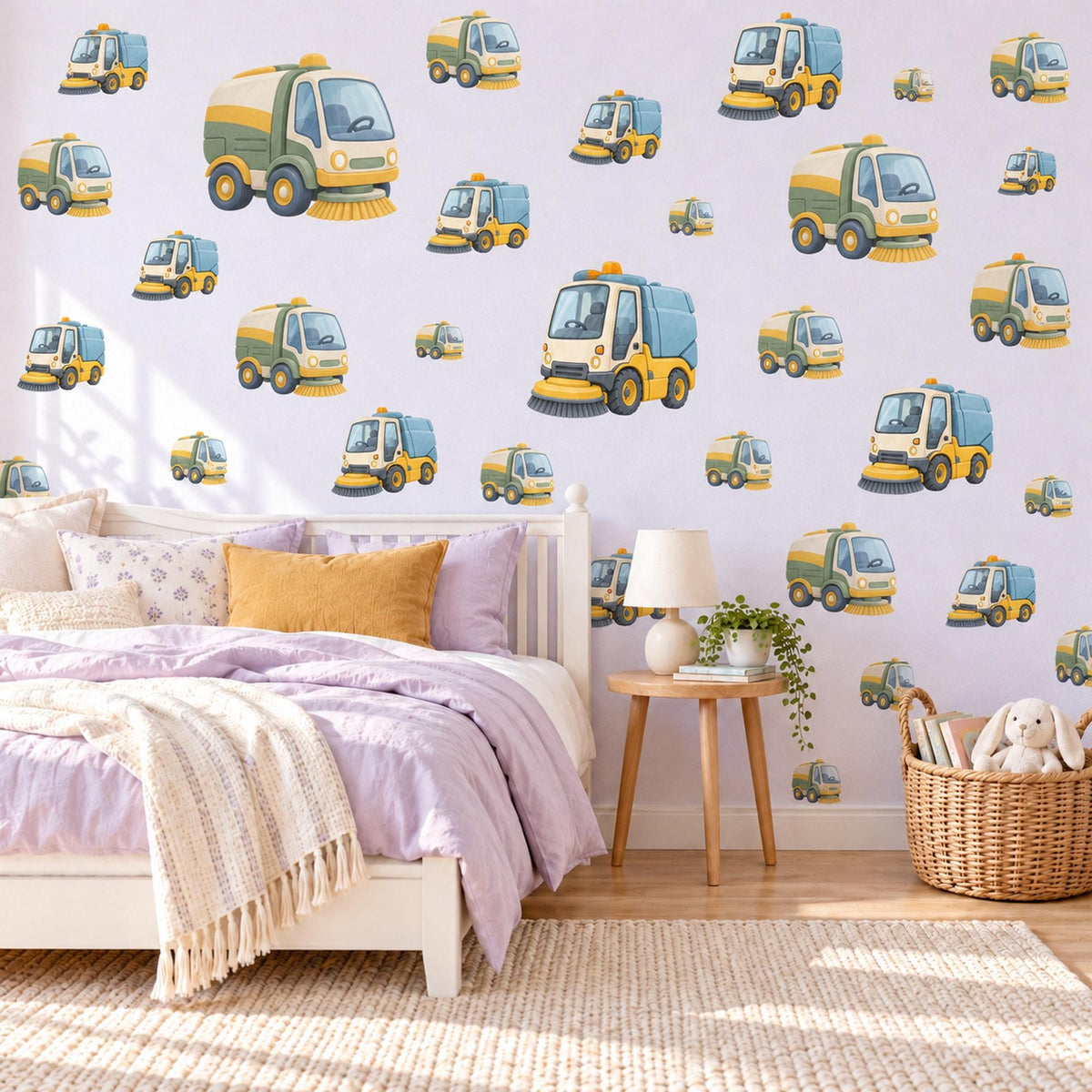 Street Sweeper Wall Stickers, Truck Nursery Decor, Toy Vehicle Wall Decals, Yellow Blue Boys Room Transport Peel and Stick Wall Art