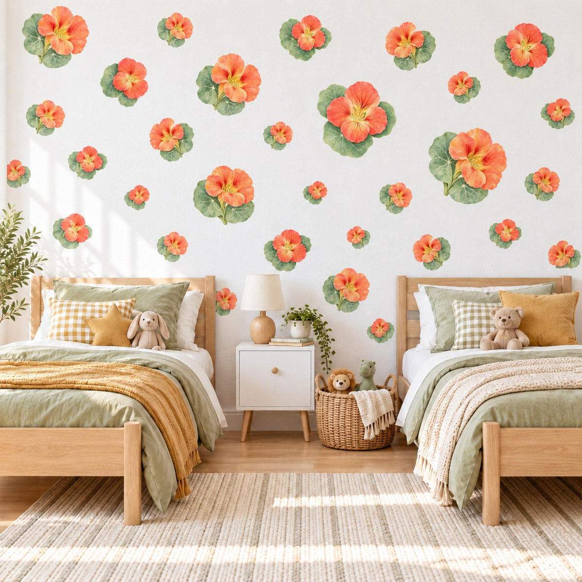 Nasturtium Wall Stickers, Orange Flower Nursery Decor, Botanical Floral Wall Decals, Coral Green Kids Room Peel and Stick Wall Art