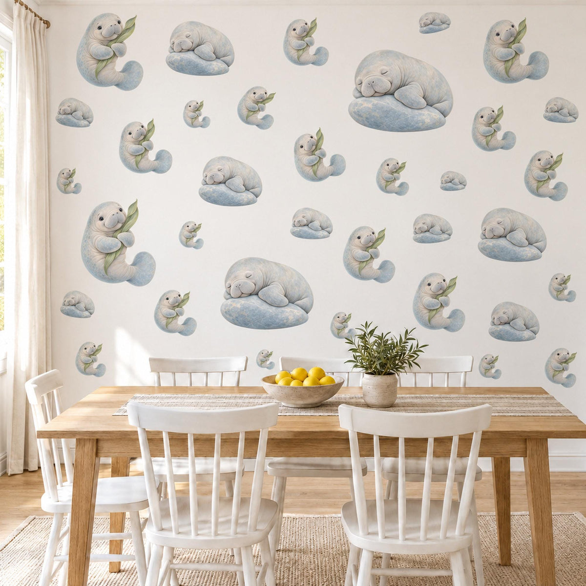Manatee Wall Stickers, Baby Sea Animal Nursery Decor, Ocean Manatee Wall Decals, Grey Blue Sage Kids Room Peel and Stick Wall Art