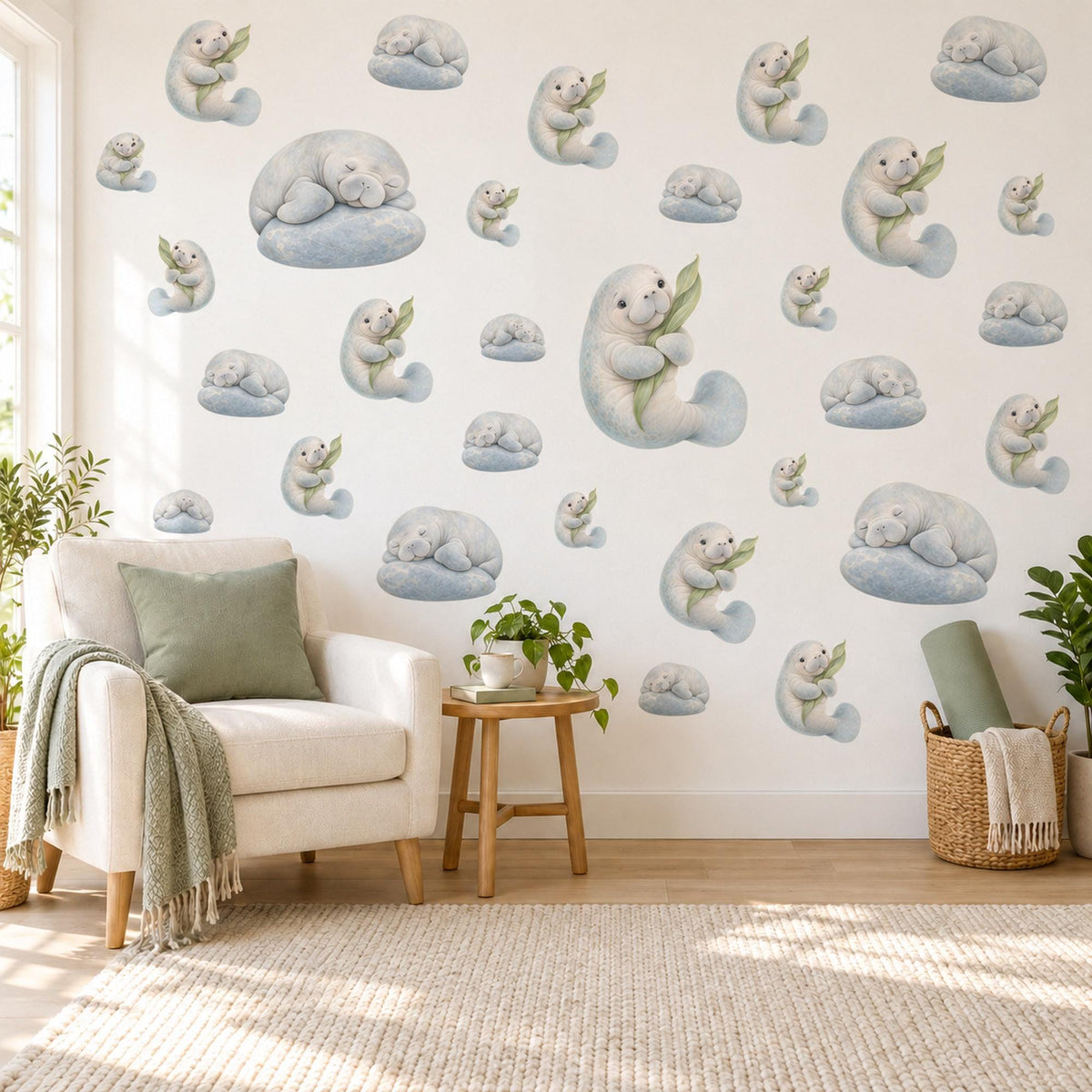 Manatee Wall Stickers, Baby Sea Animal Nursery Decor, Ocean Manatee Wall Decals, Grey Blue Sage Kids Room Peel and Stick Wall Art