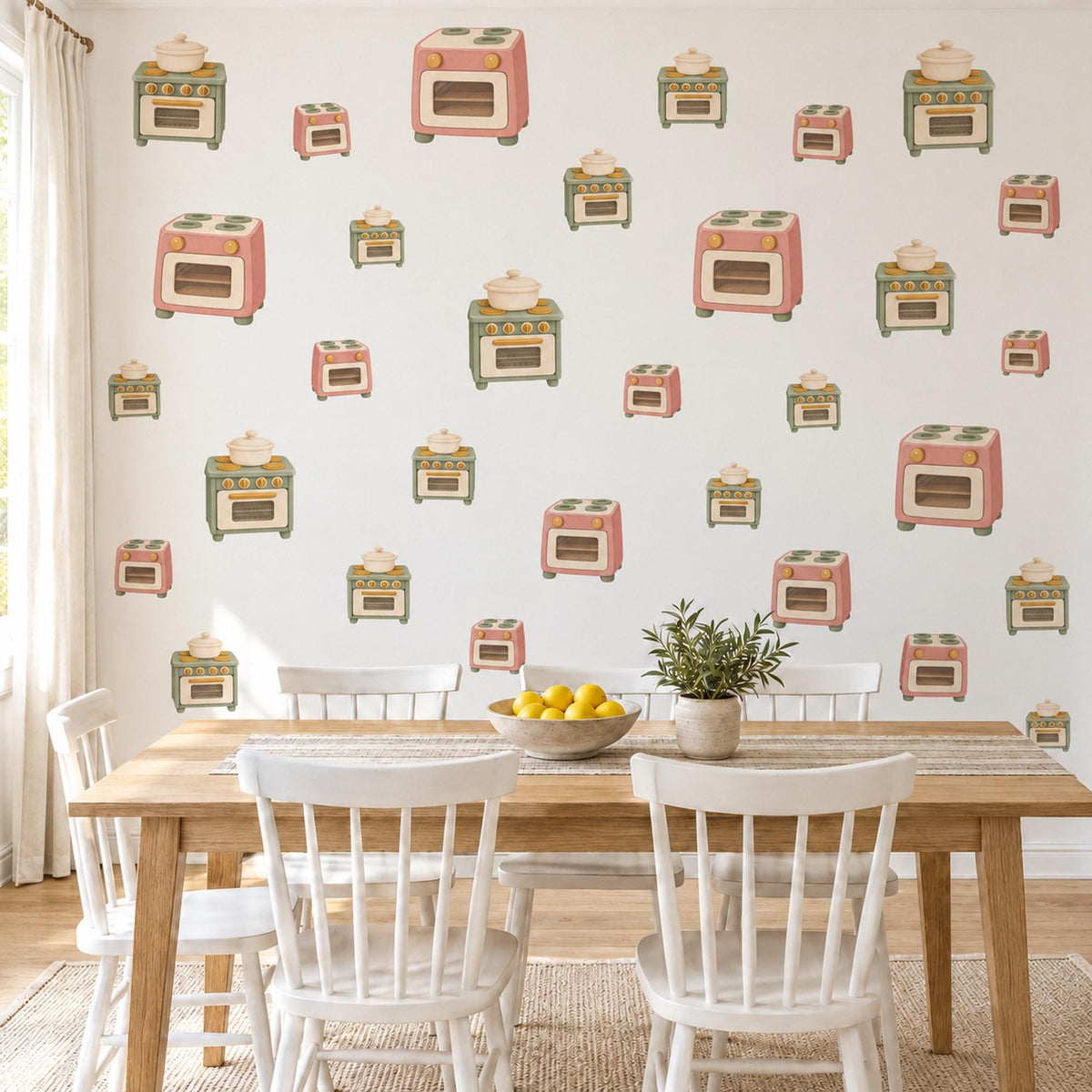 Play Kitchen Wall Stickers, Toy Oven Playroom Decor, Retro Stove Wall Decals, Pink Sage Mustard Kids Room Peel and Stick Wall Art