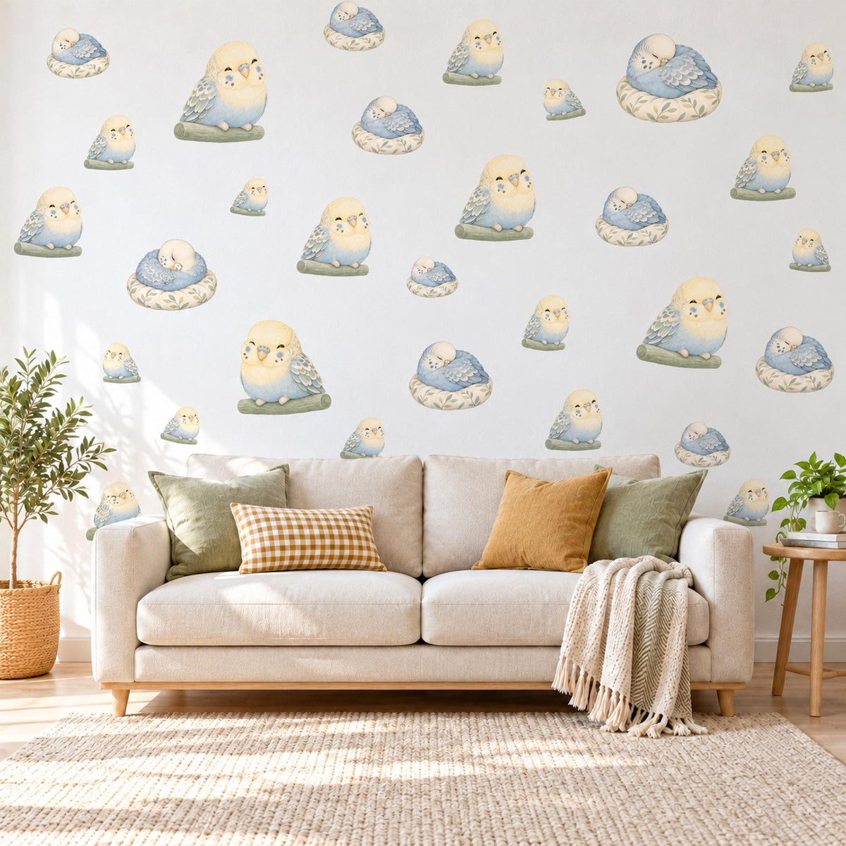 Budgie Wall Stickers, Baby Bird Nursery Decor, Budgerigar Wall Decals, Lemon Powder Blue Sage Kids Room Peel and Stick Wall Art