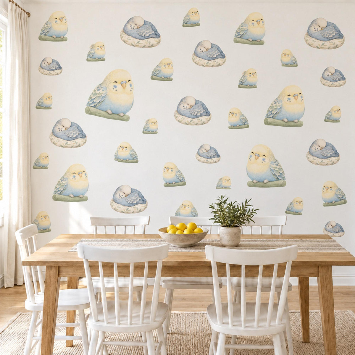 Budgie Wall Stickers, Baby Bird Nursery Decor, Budgerigar Wall Decals, Lemon Powder Blue Sage Kids Room Peel and Stick Wall Art
