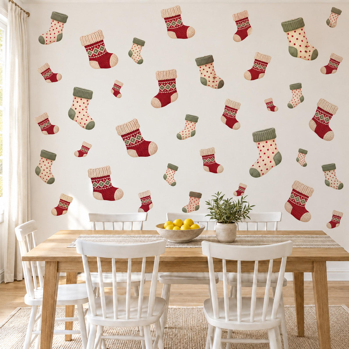 Christmas Sock Wall Stickers, Winter Stocking Nursery Decor, Fair Isle Knit Wall Decals, Red Sage Cream Kids Room Peel and Stick Wall Art