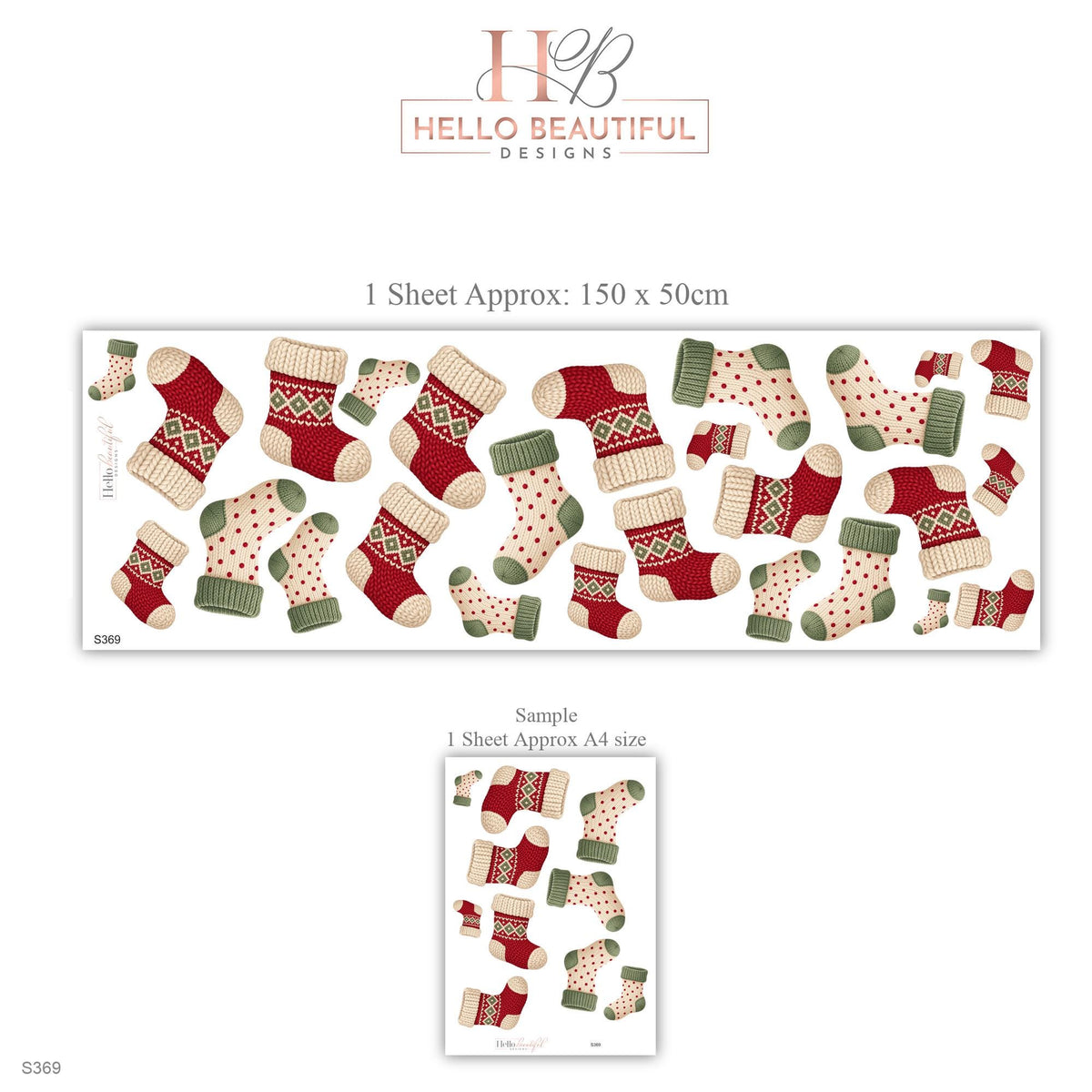 Christmas Sock Wall Stickers, Winter Stocking Nursery Decor, Fair Isle Knit Wall Decals, Red Sage Cream Kids Room Peel and Stick Wall Art