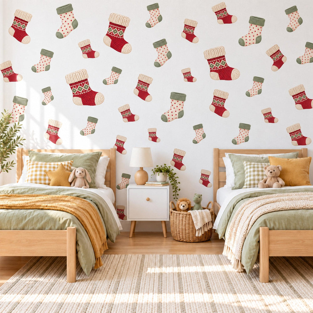 Christmas Sock Wall Stickers, Winter Stocking Nursery Decor, Fair Isle Knit Wall Decals, Red Sage Cream Kids Room Peel and Stick Wall Art
