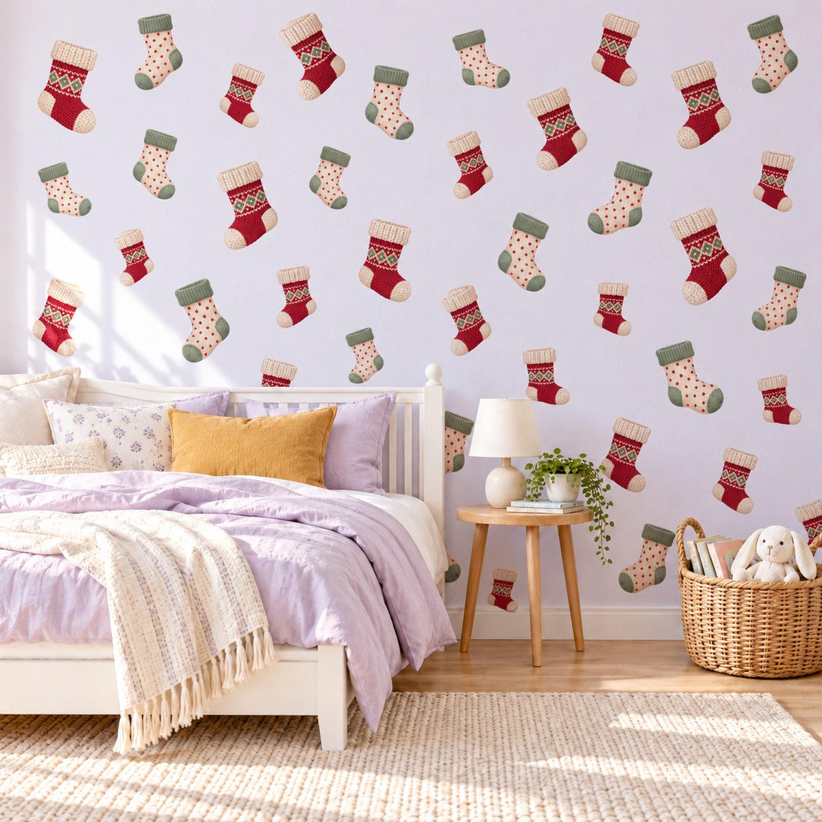 Christmas Sock Wall Stickers, Winter Stocking Nursery Decor, Fair Isle Knit Wall Decals, Red Sage Cream Kids Room Peel and Stick Wall Art