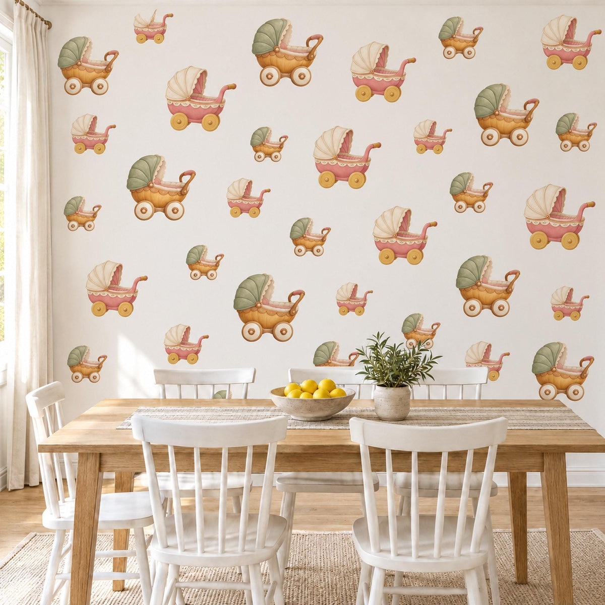 Pram Wall Stickers, Vintage Toy Pram Nursery Decor, Baby Carriage Wall Decals, Sage Pink Mustard Kids Room Peel and Stick Wall Art