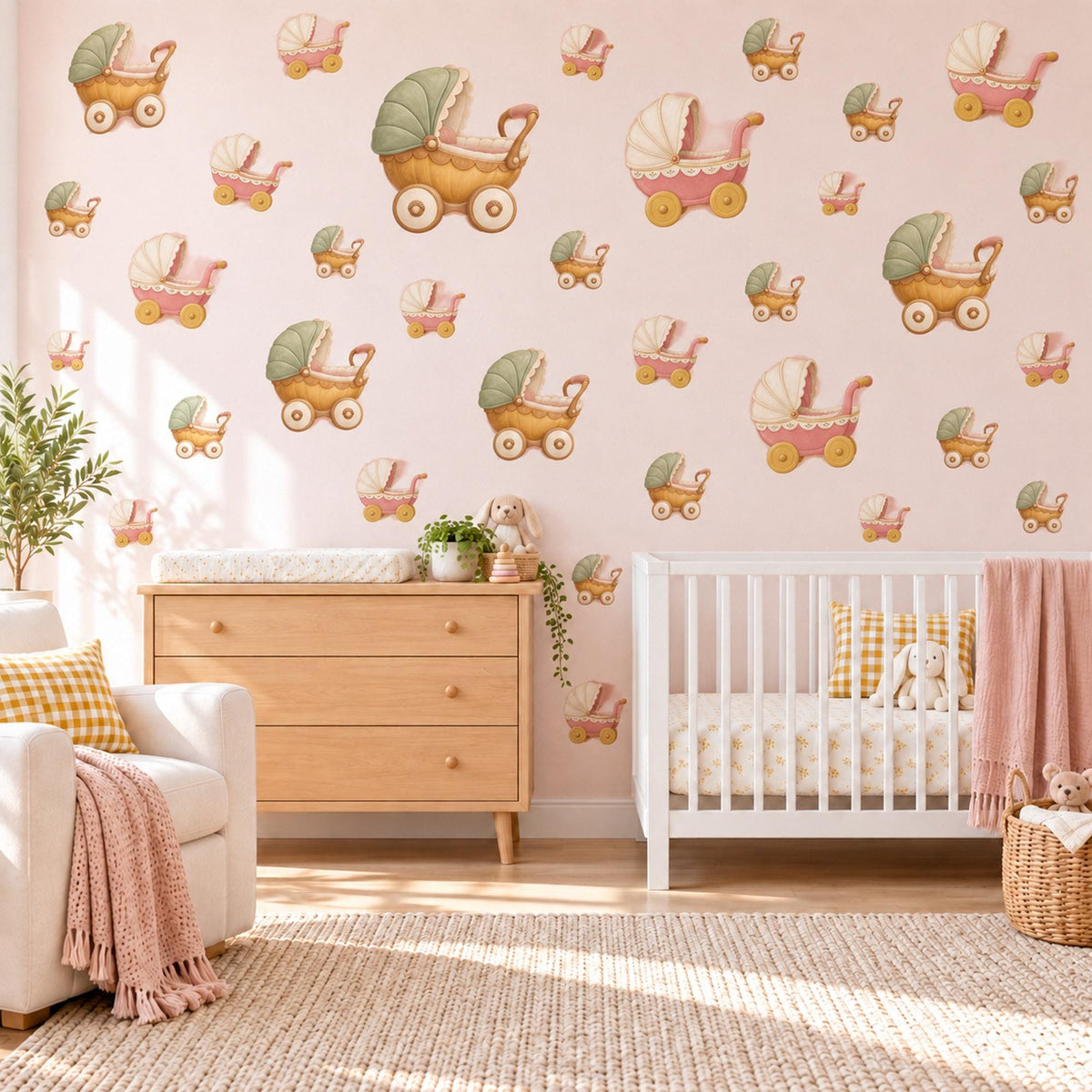 Pram Wall Stickers, Vintage Toy Pram Nursery Decor, Baby Carriage Wall Decals, Sage Pink Mustard Kids Room Peel and Stick Wall Art