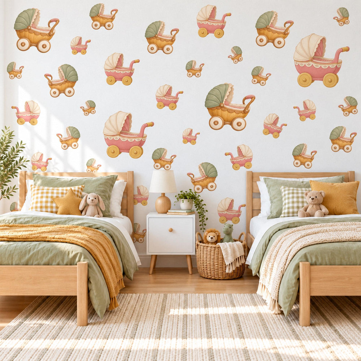 Pram Wall Stickers, Vintage Toy Pram Nursery Decor, Baby Carriage Wall Decals, Sage Pink Mustard Kids Room Peel and Stick Wall Art