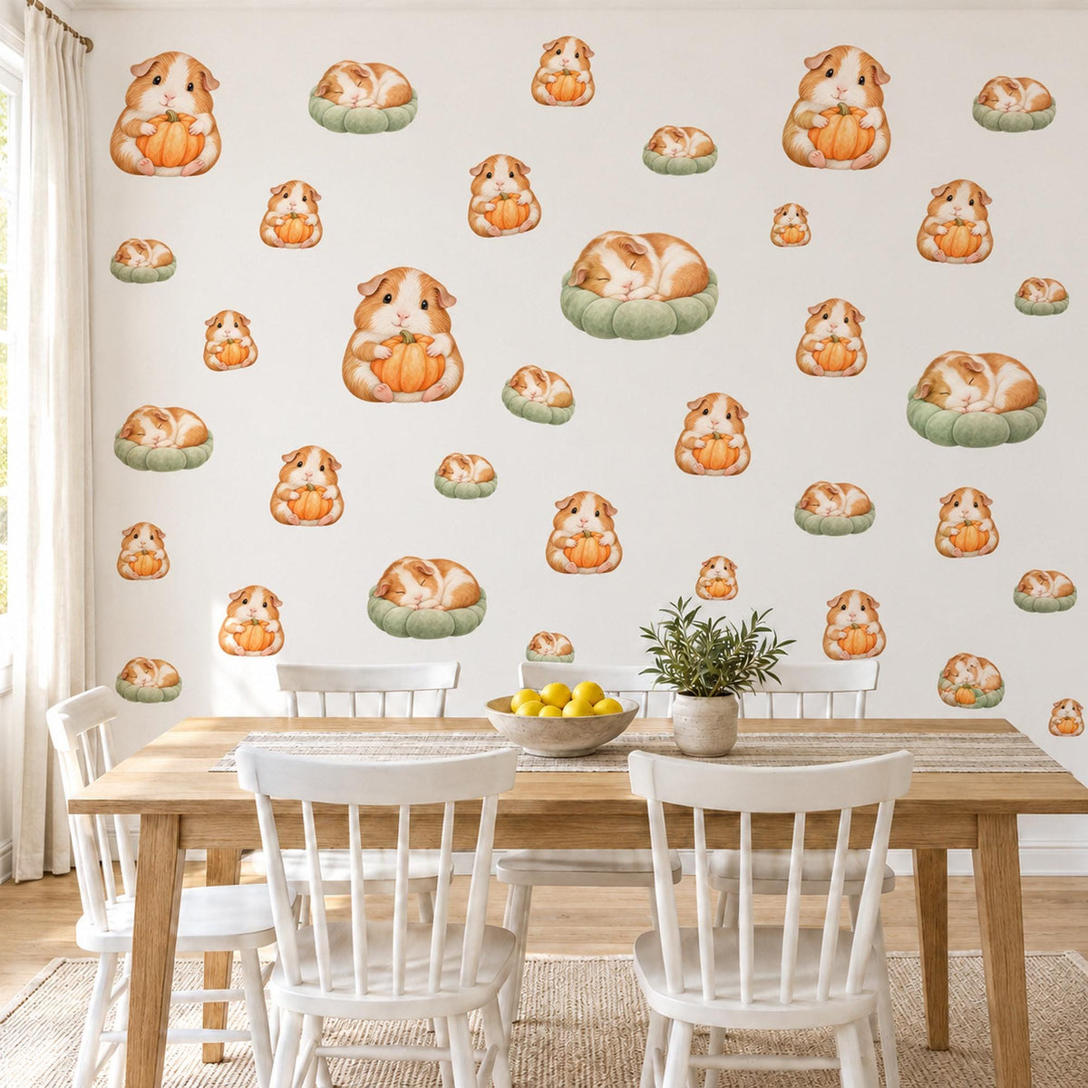 Guinea Pig Wall Stickers, Pumpkin Nursery Decor, Baby Animal Wall Decals, Ginger Cream Sage Autumn Kids Room Peel and Stick Wall Art