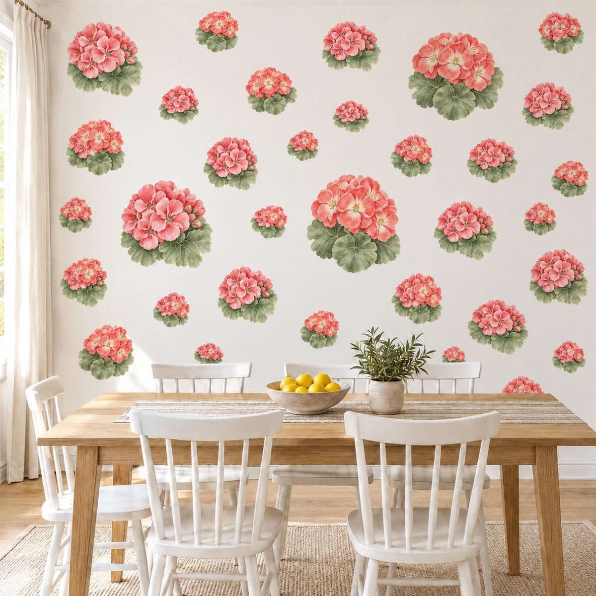 Geranium Wall Stickers, Coral Flower Nursery Decor, Botanical Floral Wall Decals, Pink Green Girls Room Peel and Stick Wall Art