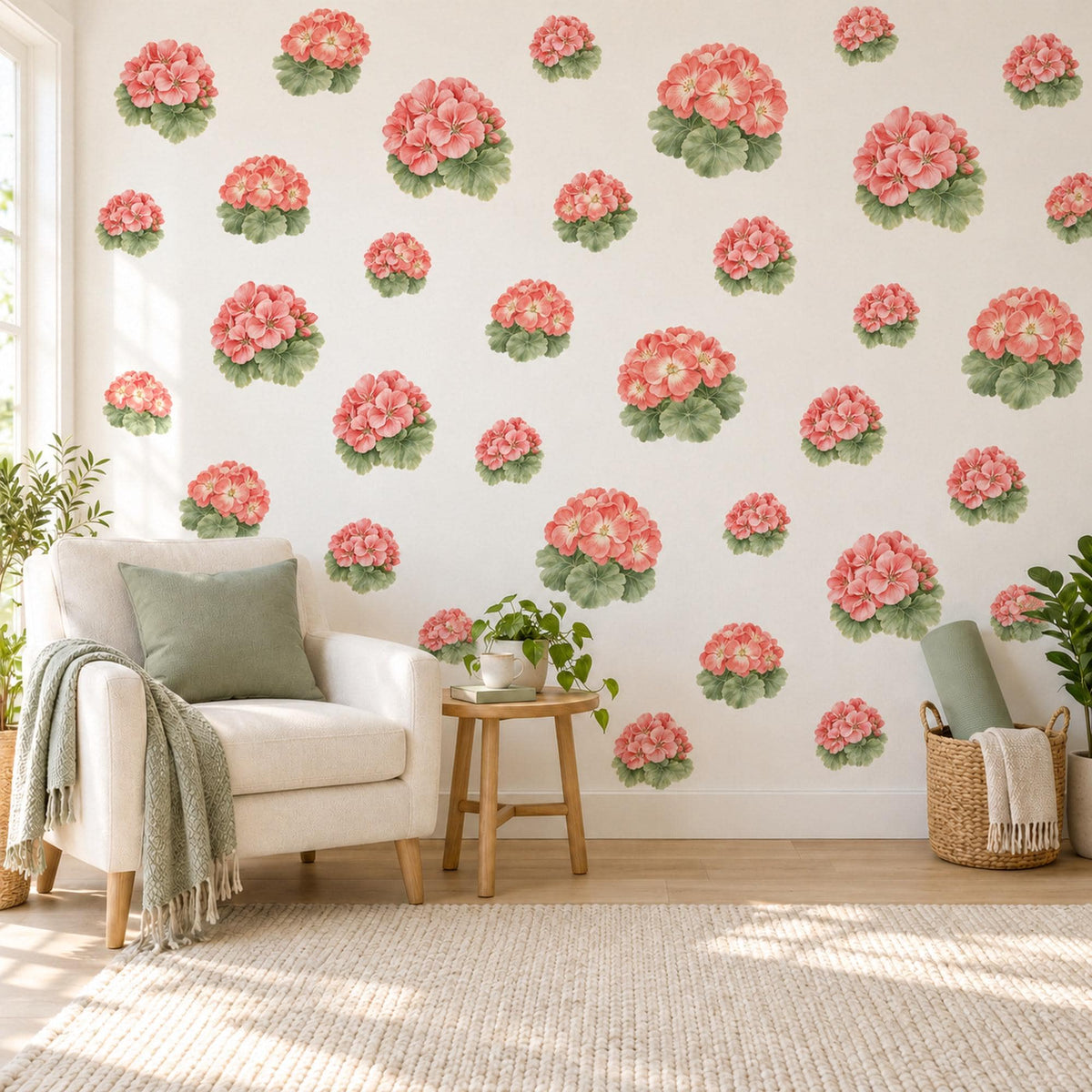 Geranium Wall Stickers, Coral Flower Nursery Decor, Botanical Floral Wall Decals, Pink Green Girls Room Peel and Stick Wall Art