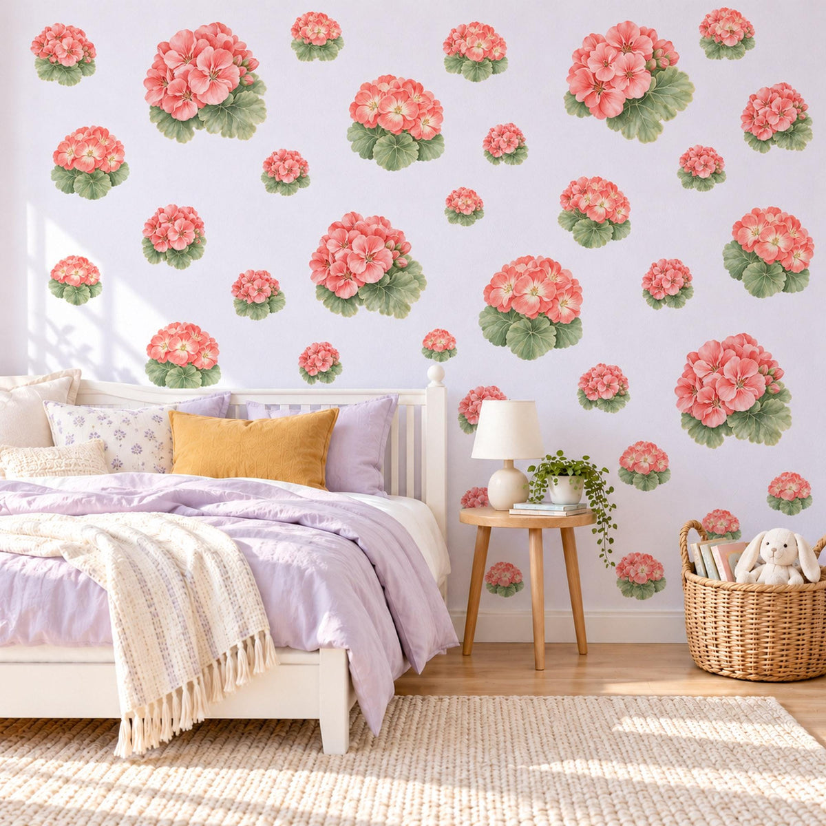 Geranium Wall Stickers, Coral Flower Nursery Decor, Botanical Floral Wall Decals, Pink Green Girls Room Peel and Stick Wall Art