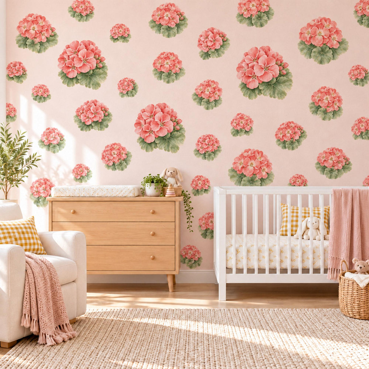 Geranium Wall Stickers, Coral Flower Nursery Decor, Botanical Floral Wall Decals, Pink Green Girls Room Peel and Stick Wall Art