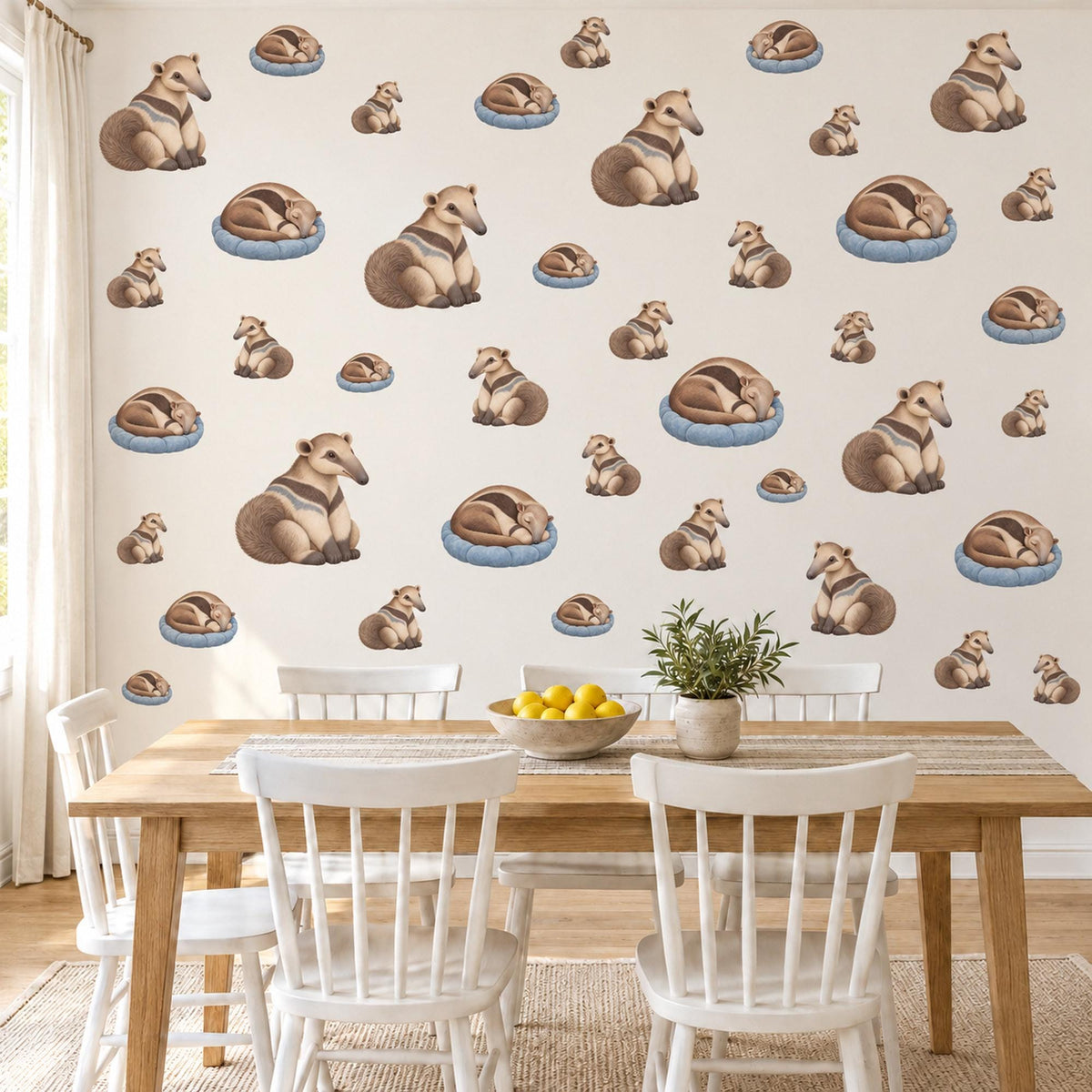 Anteater Wall Stickers, Baby Anteater Nursery Decor, Jungle Animal Wall Decals, Brown Blue Cream Kids Room Peel and Stick Wall Art