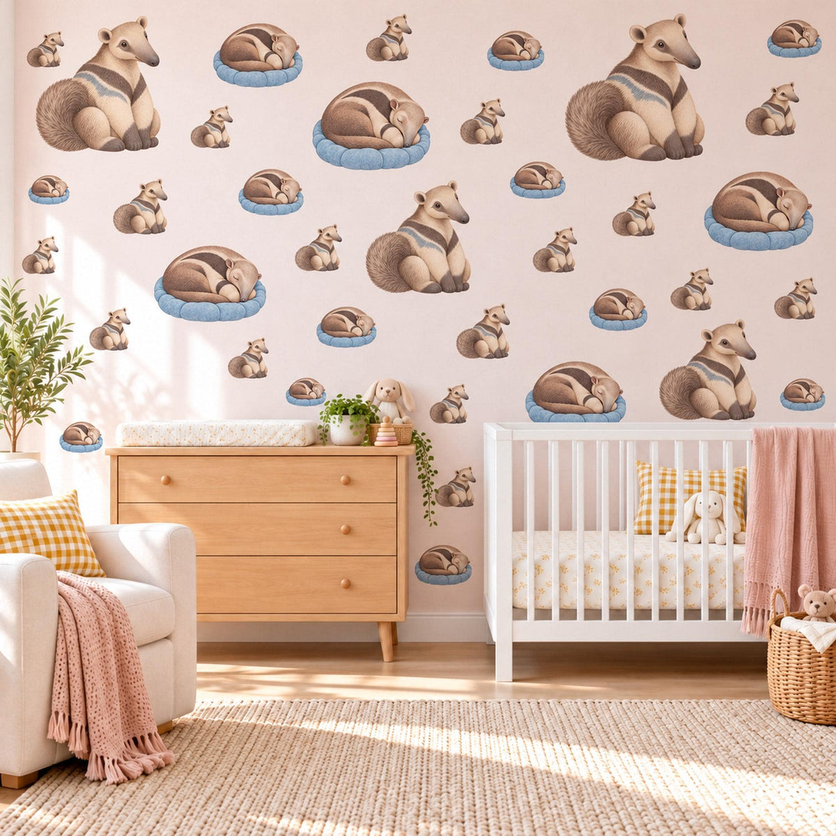 Anteater Wall Stickers, Baby Anteater Nursery Decor, Jungle Animal Wall Decals, Brown Blue Cream Kids Room Peel and Stick Wall Art