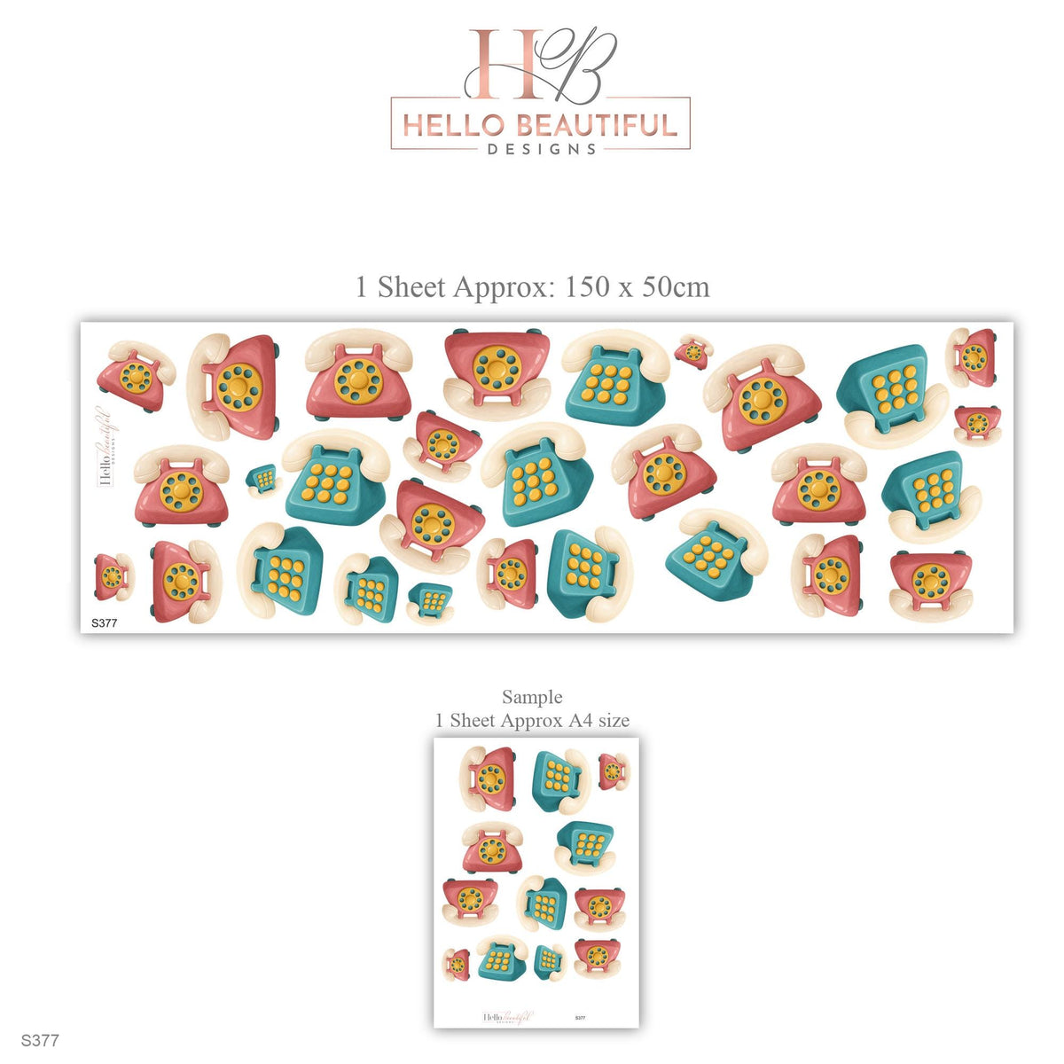 Telephone Wall Stickers, Retro Toy Phone Playroom Decor, Rotary Phone Wall Decals, Coral Teal Mustard Kids Room Peel and Stick Wall Art