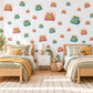 Telephone Wall Stickers, Retro Toy Phone Playroom Decor, Rotary Phone Wall Decals, Coral Teal Mustard Kids Room Peel and Stick Wall Art
