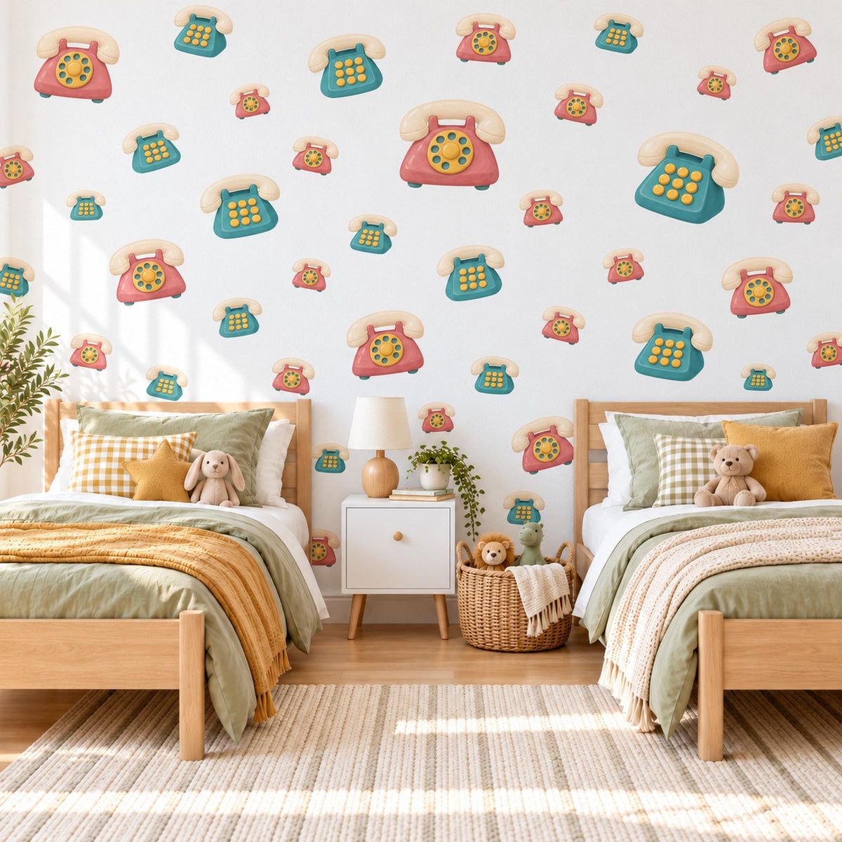 Telephone Wall Stickers, Retro Toy Phone Playroom Decor, Rotary Phone Wall Decals, Coral Teal Mustard Kids Room Peel and Stick Wall Art