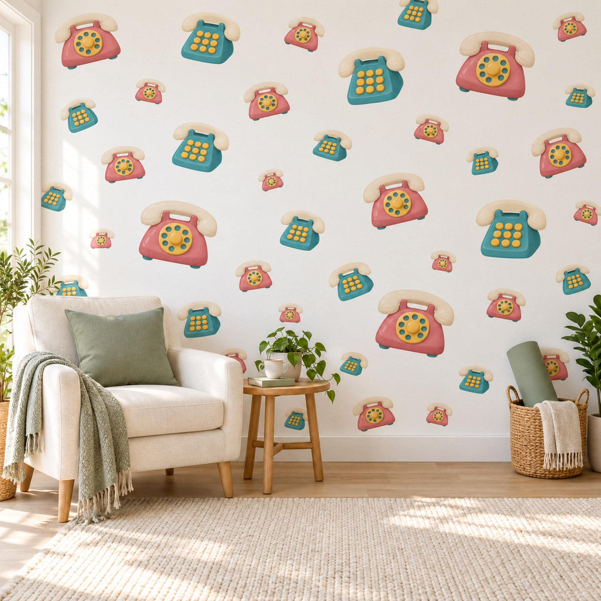 Telephone Wall Stickers, Retro Toy Phone Playroom Decor, Rotary Phone Wall Decals, Coral Teal Mustard Kids Room Peel and Stick Wall Art