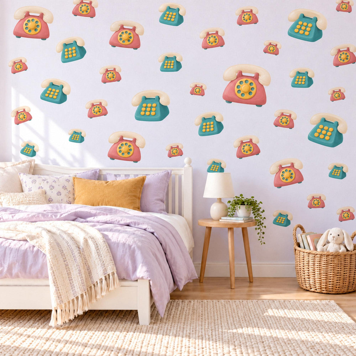 Telephone Wall Stickers, Retro Toy Phone Playroom Decor, Rotary Phone Wall Decals, Coral Teal Mustard Kids Room Peel and Stick Wall Art