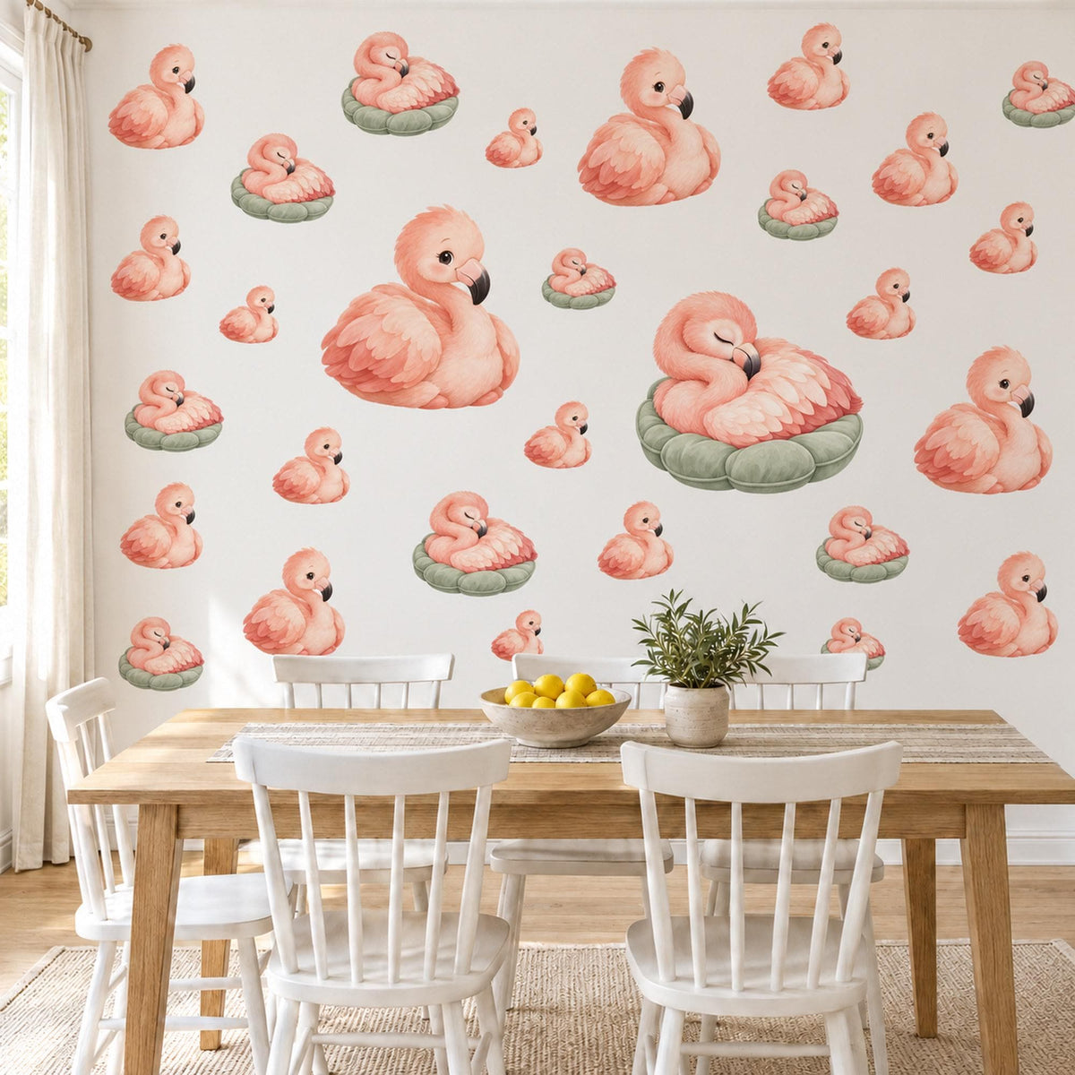 Flamingo Wall Stickers, Baby Flamingo Nursery Decor, Pink Bird Wall Decals, Blush Coral Sage Girls Room Peel and Stick Wall Art