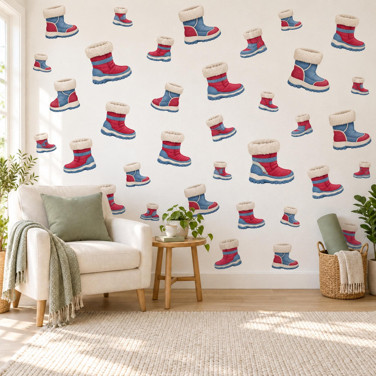 Snow Boot Wall Stickers, Winter Nursery Decor, Welly Boot Wall Decals, Red Denim Blue Cream Kids Room Peel and Stick Wall Art