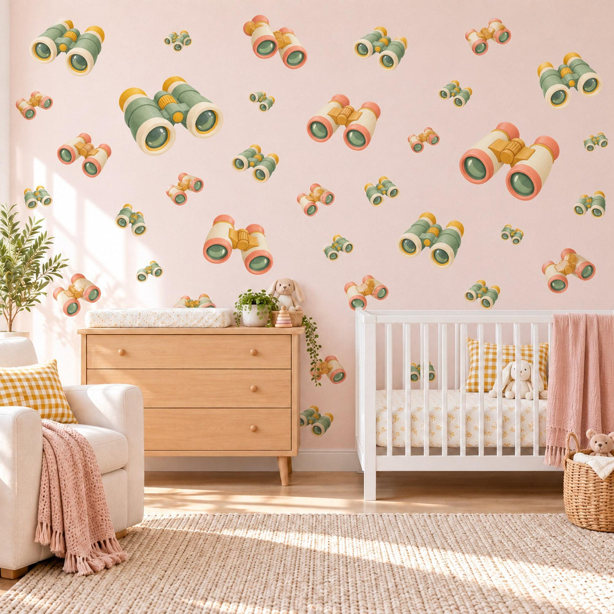 Binoculars Wall Stickers, Explorer Nursery Decor, Adventure Toy Wall Decals, Sage Orange Mustard Kids Room Peel and Stick Wall Art