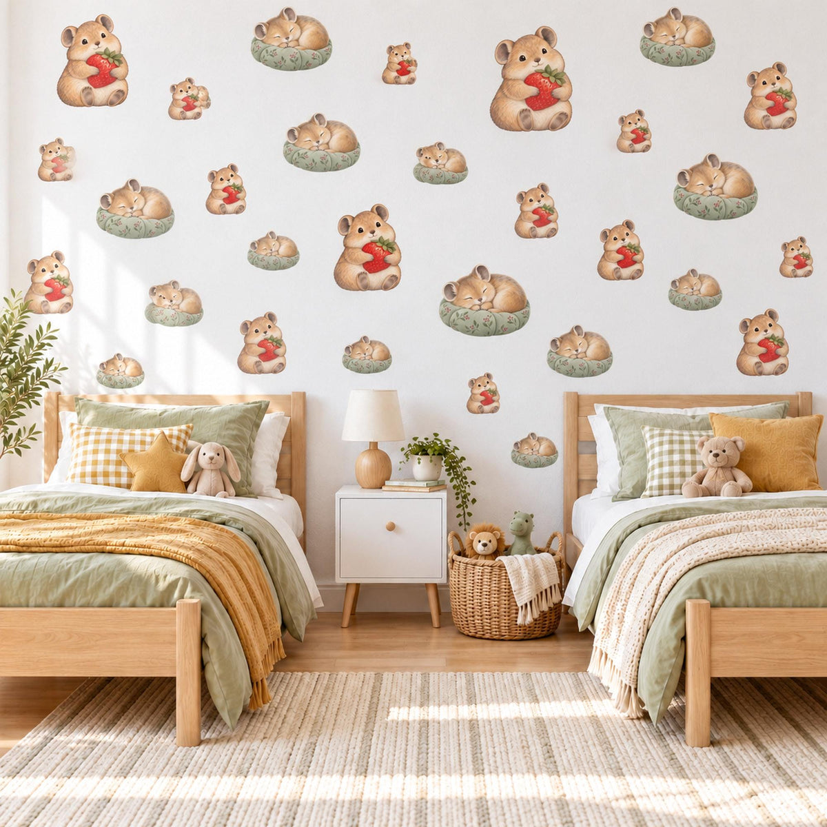 Pika Wall Stickers, Baby Animal Nursery Decor, Woodland Pika Berry Wall Decals, Caramel Red Sage Kids Room Peel and Stick Wall Art