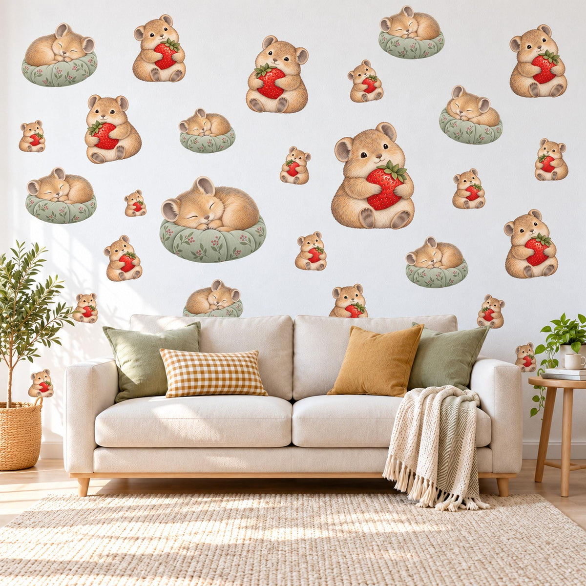 Pika Wall Stickers, Baby Animal Nursery Decor, Woodland Pika Berry Wall Decals, Caramel Red Sage Kids Room Peel and Stick Wall Art