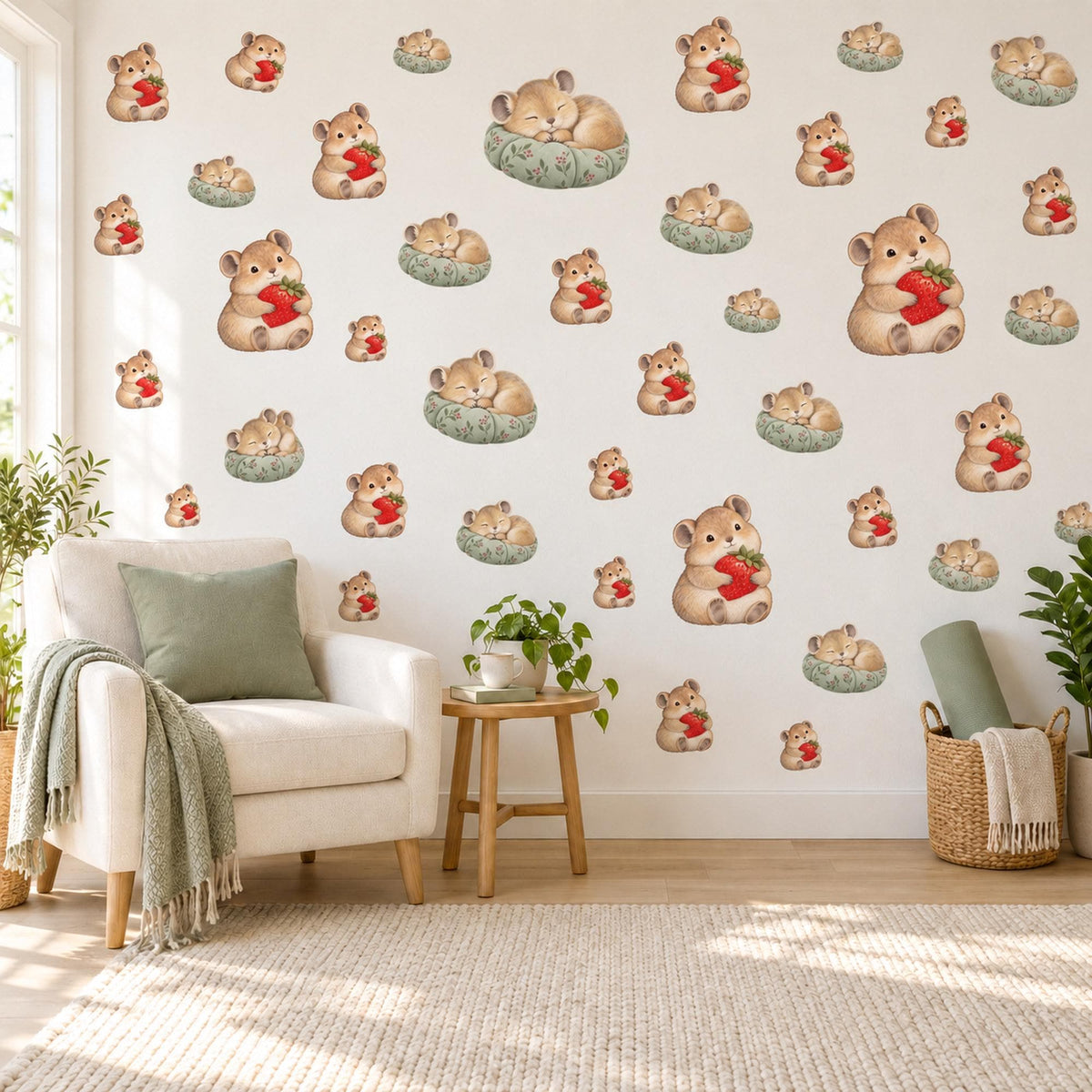Pika Wall Stickers, Baby Animal Nursery Decor, Woodland Pika Berry Wall Decals, Caramel Red Sage Kids Room Peel and Stick Wall Art