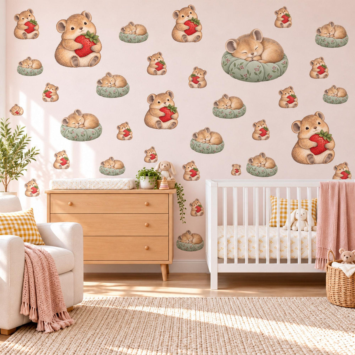 Pika Wall Stickers, Baby Animal Nursery Decor, Woodland Pika Berry Wall Decals, Caramel Red Sage Kids Room Peel and Stick Wall Art