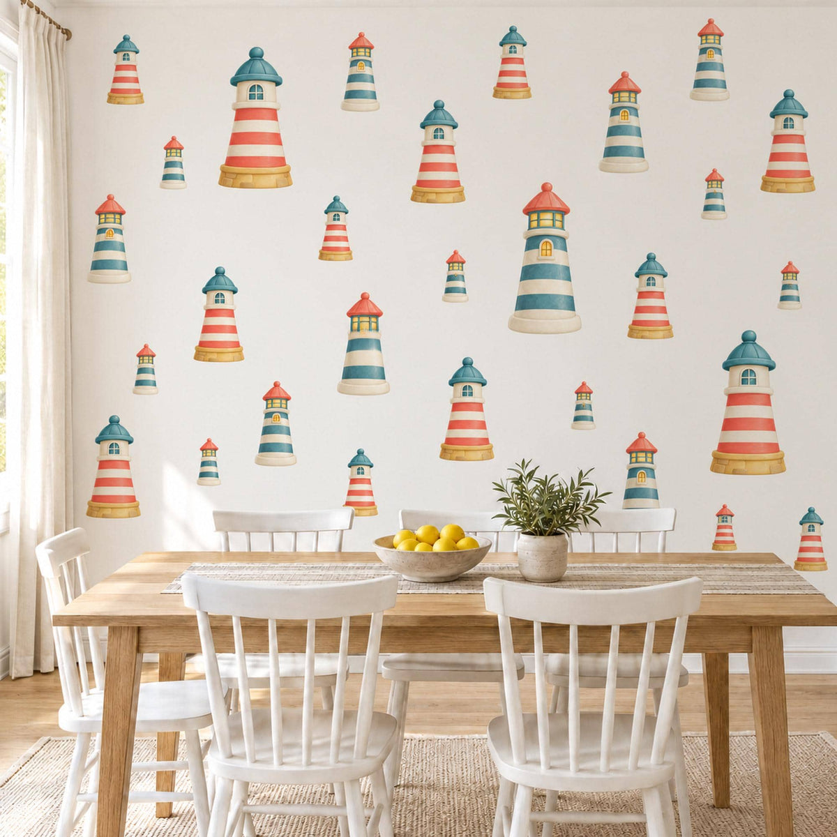 Lighthouse Wall Stickers, Nautical Nursery Decor, Seaside Lighthouse Wall Decals, Coral Teal Cream Kids Room Peel and Stick Wall Art