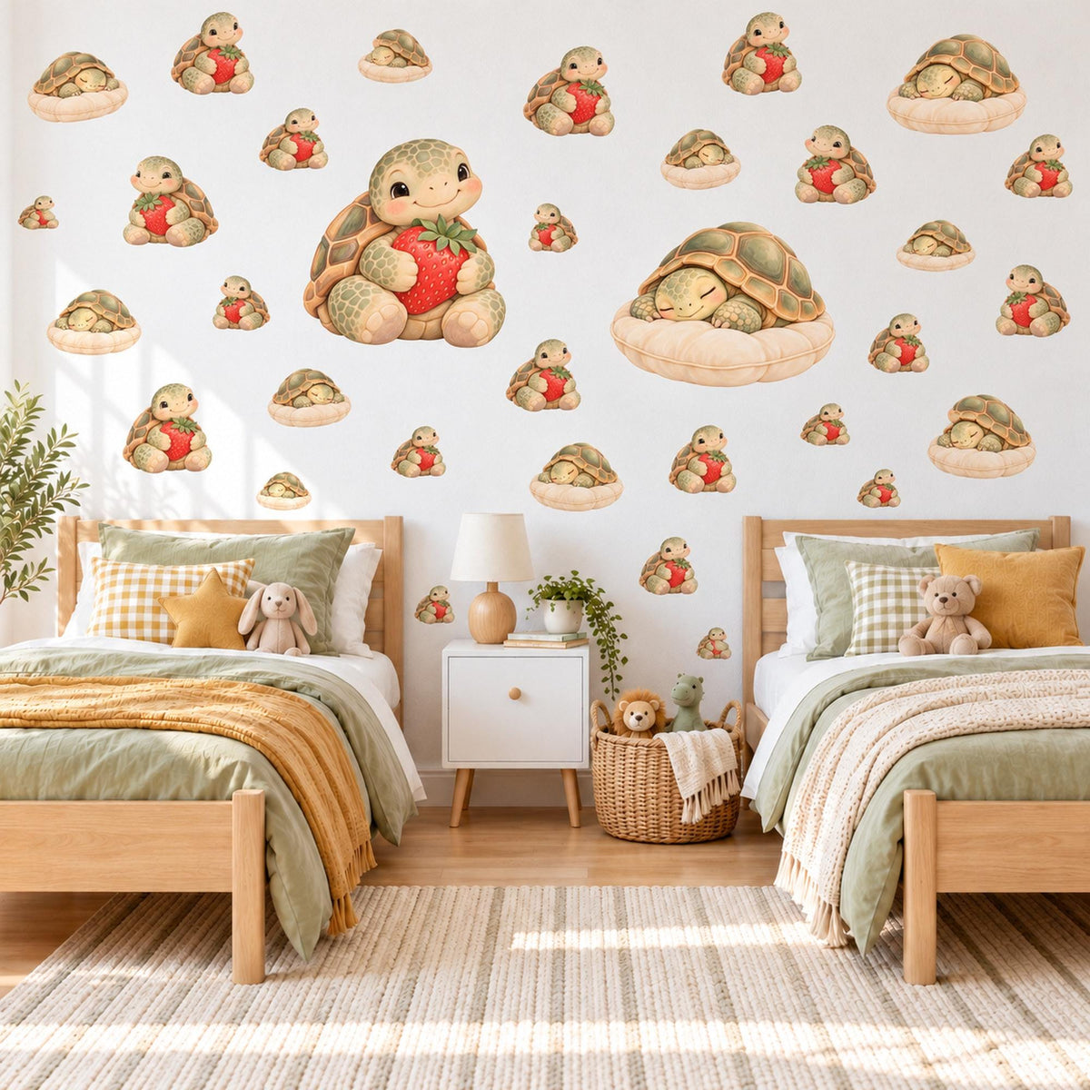 Tortoise Wall Stickers, Baby Tortoise Nursery Decor, Strawberry Wall Decals, Olive Red Cream Kids Room Animal Peel and Stick Wall Art